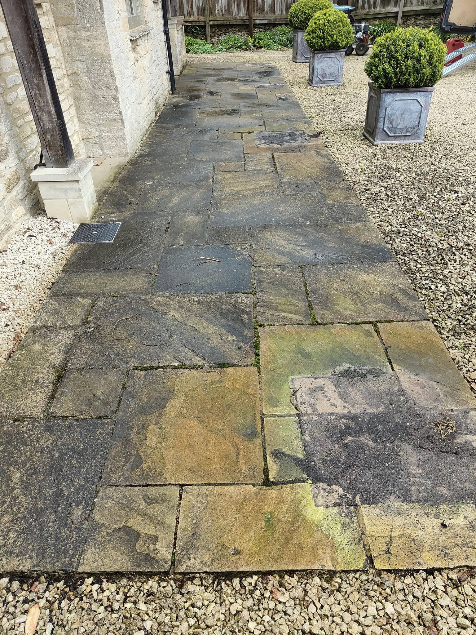 Stone path darkened with algae beside a gravel garden