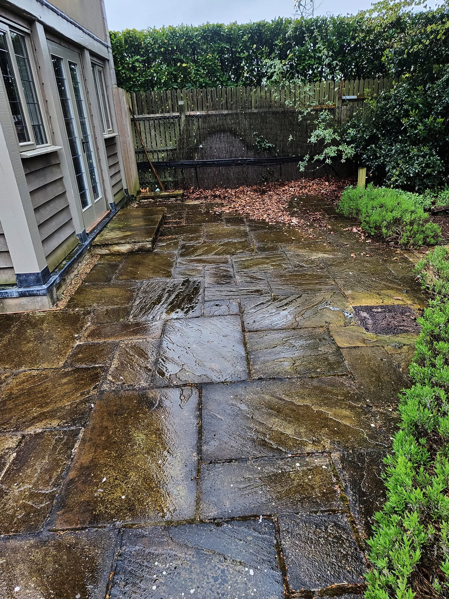 Dark, stained stone patio behind a house